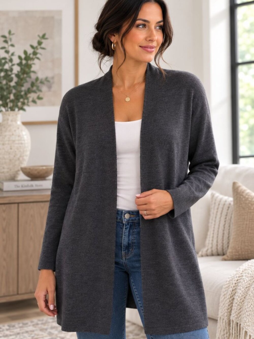 Belle France Open Front Knit Cardigan Women L Dark Gray Minimalist Quiet Luxury